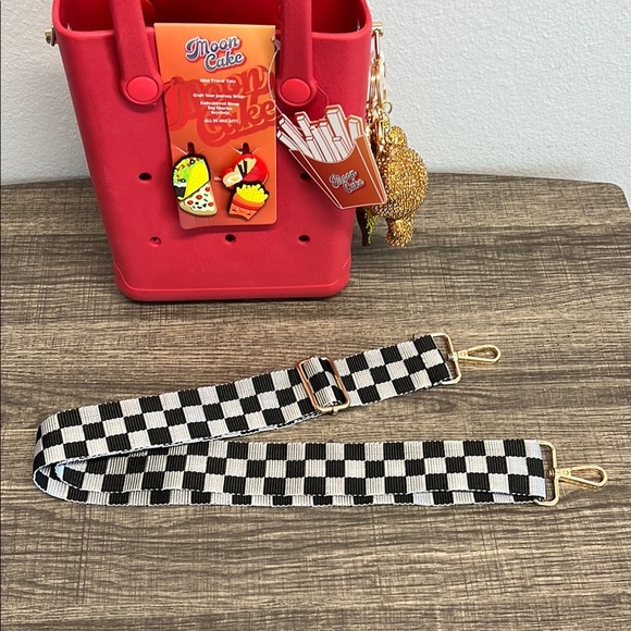 Red Mini Charm Tote with Checkered Crossbody Strap - Picture 4 of 14